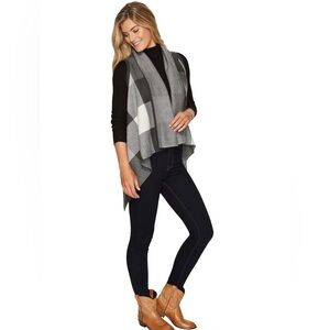 WOOLRICH WOMENS BUFFALO CHECK PLAID COOL GRAY WOOL BLEND SWEATER OPEN VEST XL